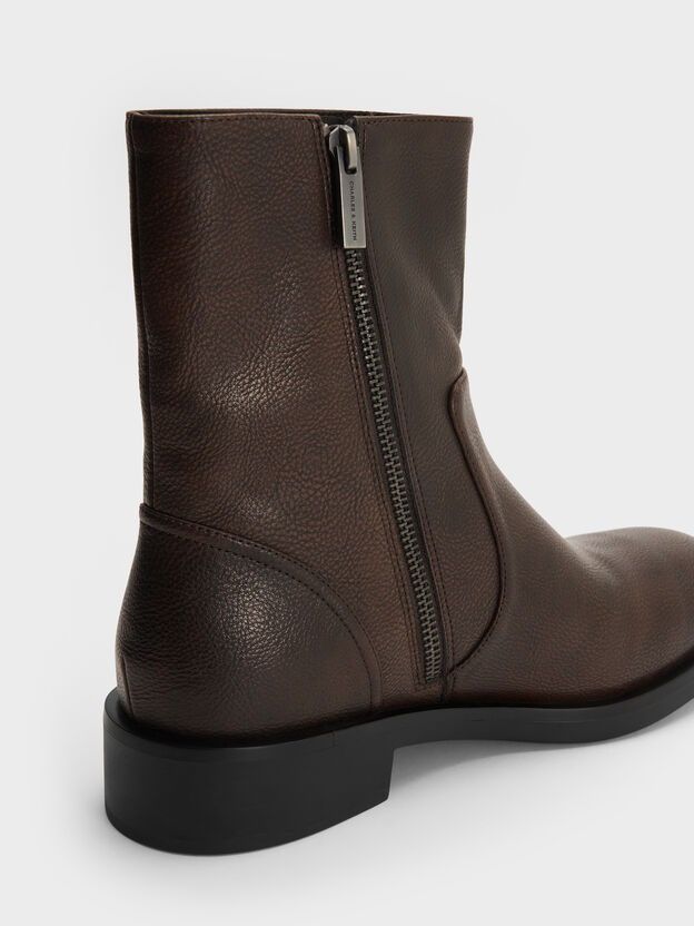 Burnished Side-Zip Ankle Boots, Dark Brown, hi-res