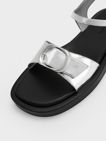 Metallic Buckled Slingback Sandals, Silver, hi-res