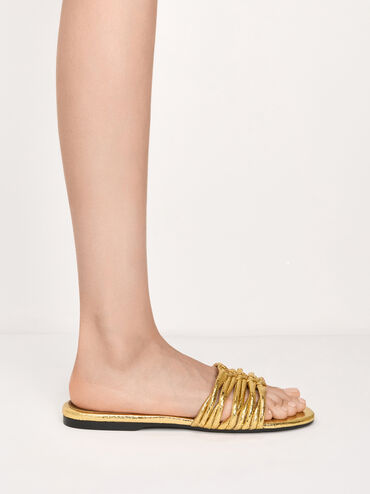 Metallic Crinkle-Effect Woven Slide Sandals, Gold, hi-res