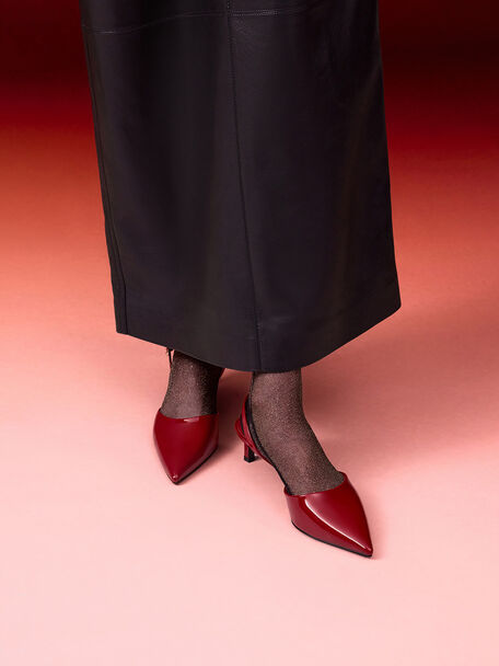 Patent Pointed Slingback Kitten Heels, Red, hi-res