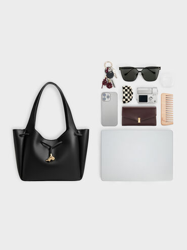 Mila Metallic-Knot Drawstring Tote Bag, Black, hi-res