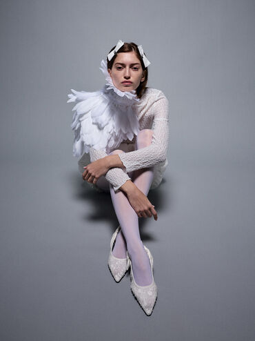 Tayari Embroidered-Mesh Slingback Flats, White, hi-res