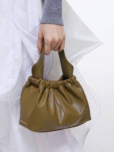 Ally Ruched Chain-Handle Bag, Khaki, hi-res