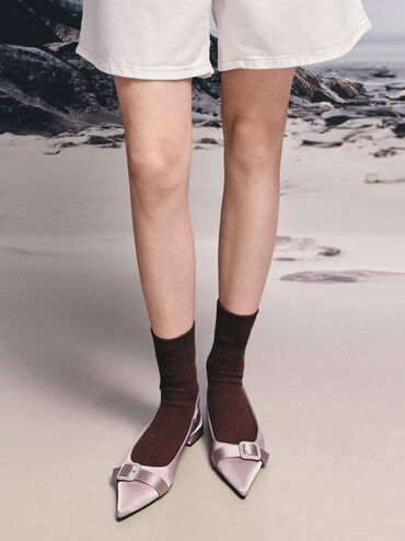 Satin Crystal-Buckle Pointed-Toe Slingback Flats, Mauve, hi-res