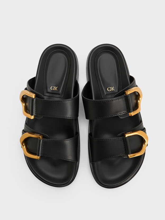 Gabine Gold-Buckle Leather Slides, Black, hi-res