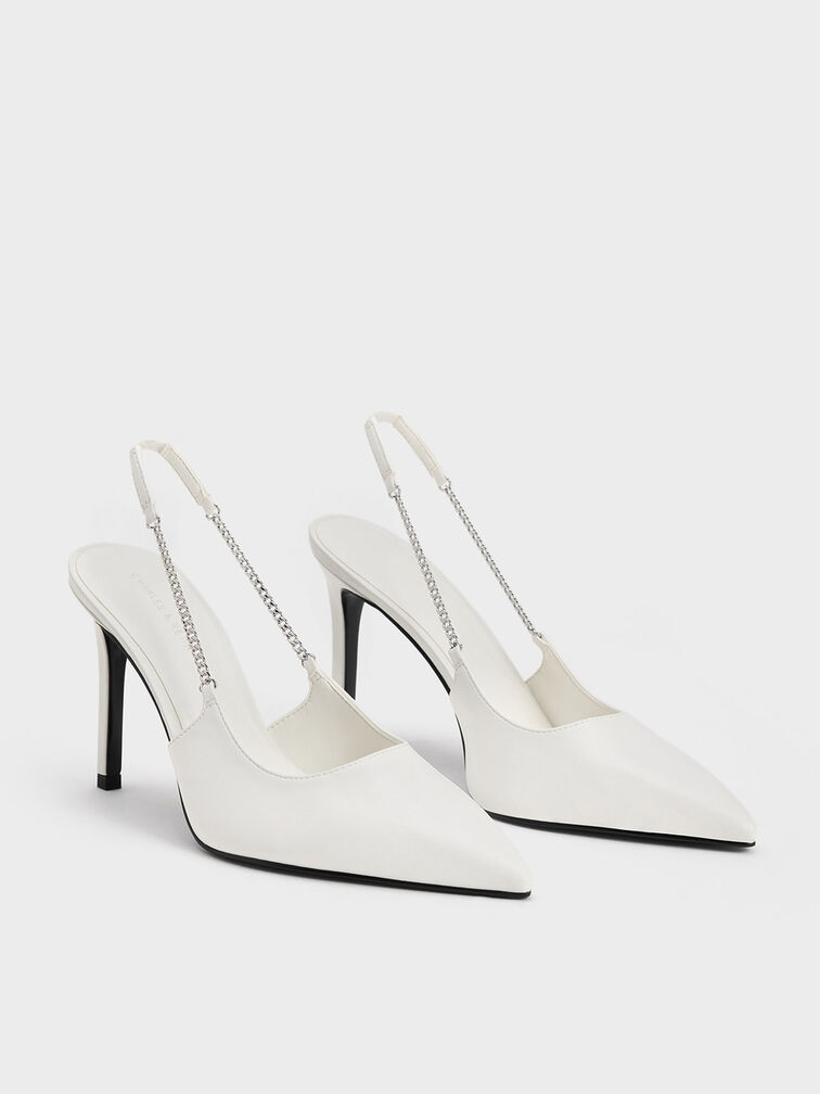 Chain-Link Pointed-Toe Slingback Pumps, White, hi-res