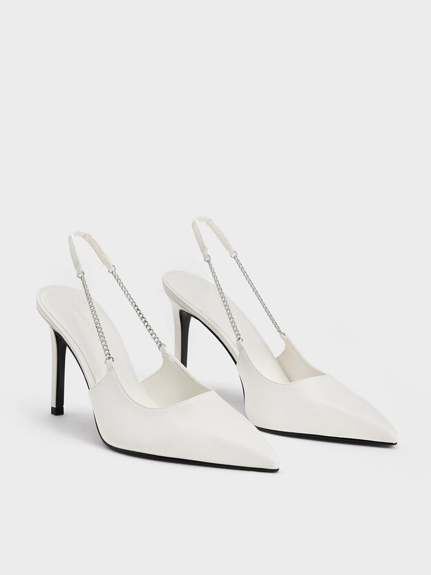 Chain-Link Pointed-Toe Slingback Pumps, White, hi-res