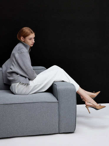 Patent Bow Slingback Pumps, Caramel, hi-res