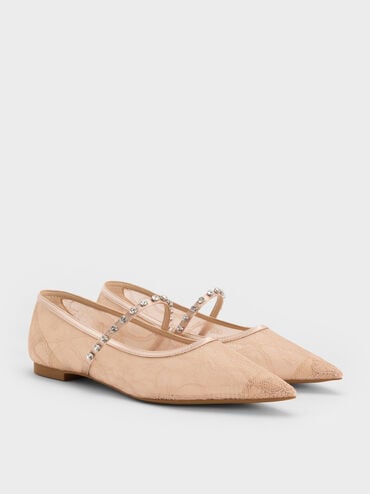 Lace & Satin Crystal Mary Jane Flats, Nude, hi-res