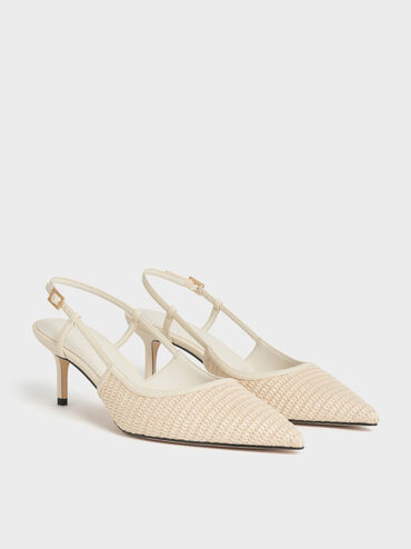 Raffia Pointed-Toe Slingback Pumps, Chalk, hi-res