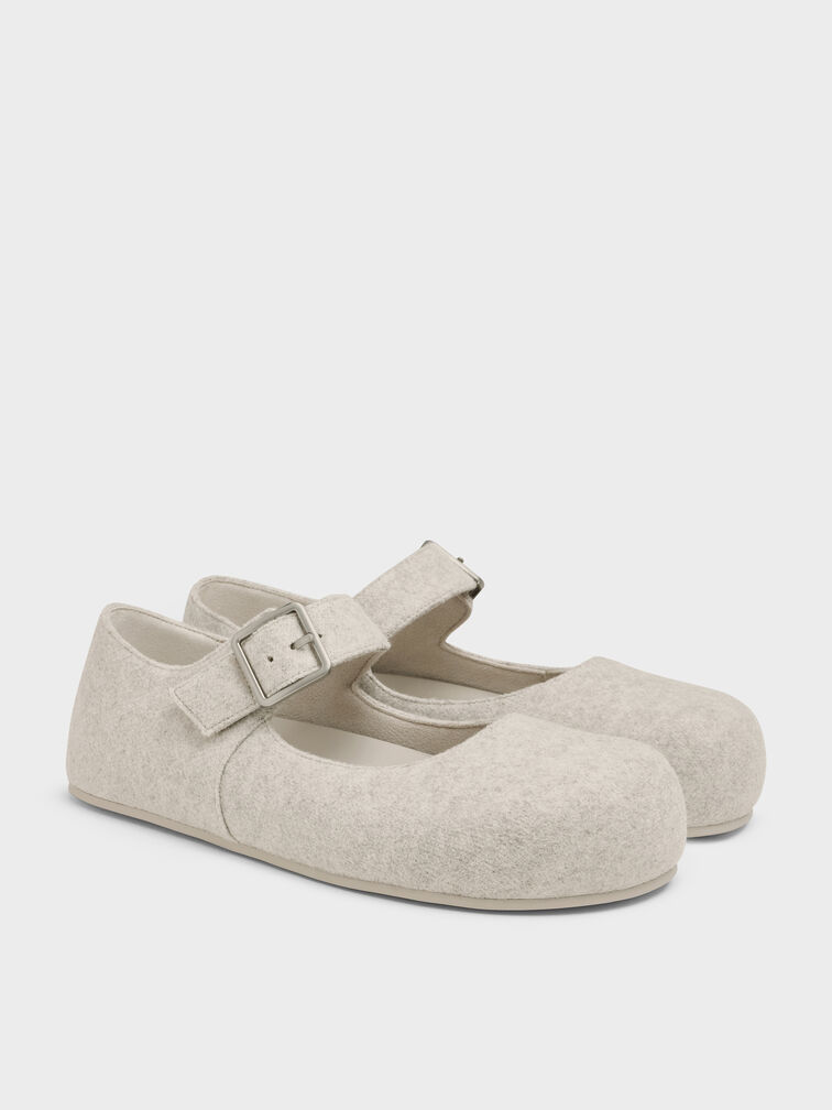 Felt Buckled Mary Jane Flats, Light Grey, hi-res