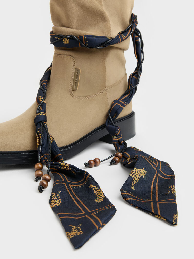 Faux Suede Printed-Scarf Calf Boots, Khaki, hi-res