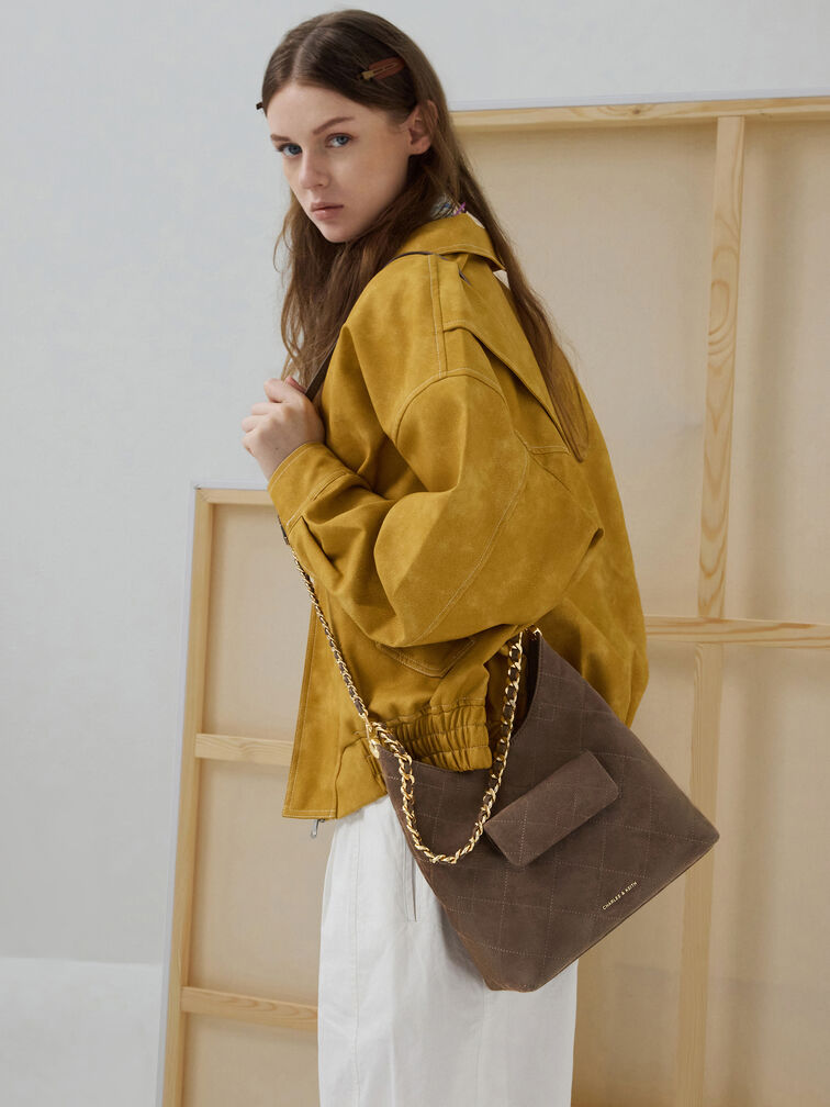 Duo Quilted Front-Pocket Chain Hobo Bag, Stone Grey, hi-res
