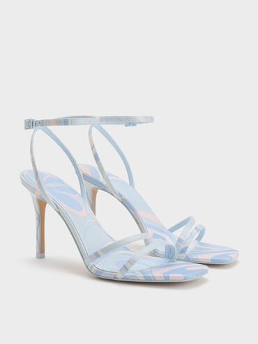 Swirl-Print Ankle-Strap Heels, Light Blue, hi-res