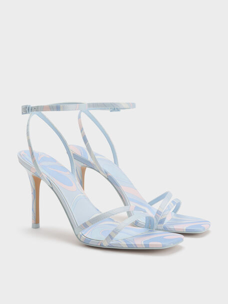 Swirl-Print Ankle-Strap Heels, Light Blue, hi-res
