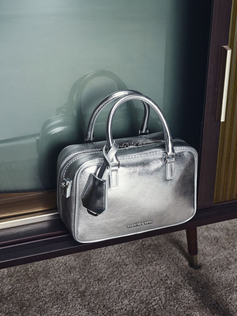 Mini Sianna Metallic Bowling Bag, Silver, hi-res