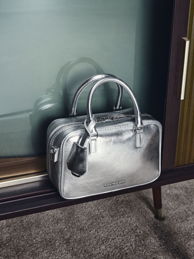 Mini Sianna Metallic Bowling Bag, Silver, hi-res