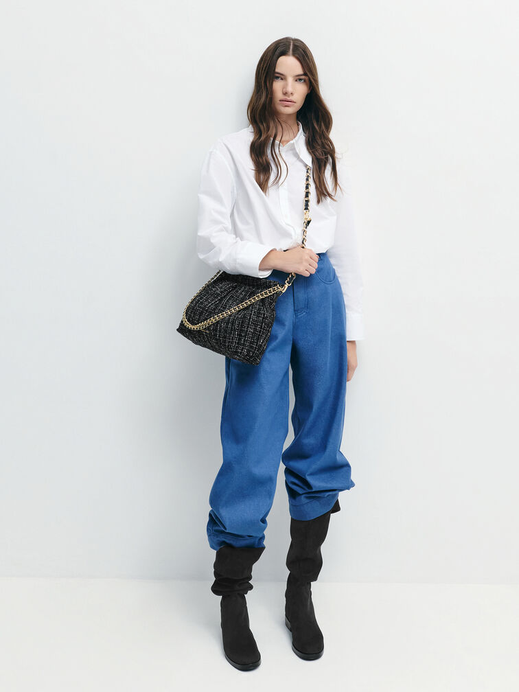 Duo Tweed Double-Chain Hobo Bag, Black Tweed, hi-res