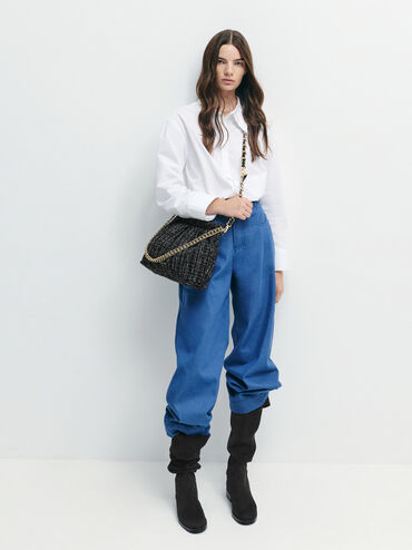 Duo Tweed Double-Chain Hobo Bag, Black Tweed, hi-res