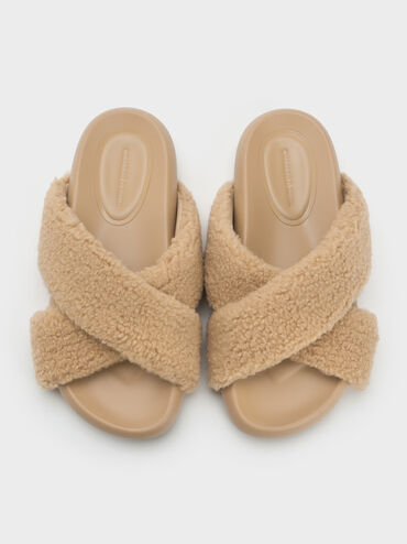 Lumi Faux Shearling Crossover-Strap Slide Sandals, Brown, hi-res