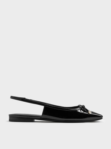 Barbara Patent Pearl-Embellished Bow Slingback Flats, Black Patent, hi-res