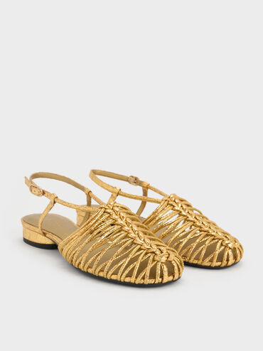 Linnea Metallic Woven Slingback Caged Sandals, Gold, hi-res