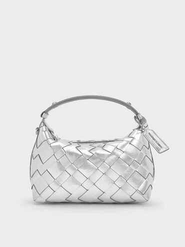 Ivette Metallic Woven Shoulder Bag, Silver, hi-res