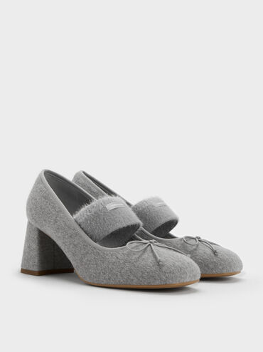 Winona Felt Bow Furry-Strap Mary Jane Pumps, Light Grey, hi-res