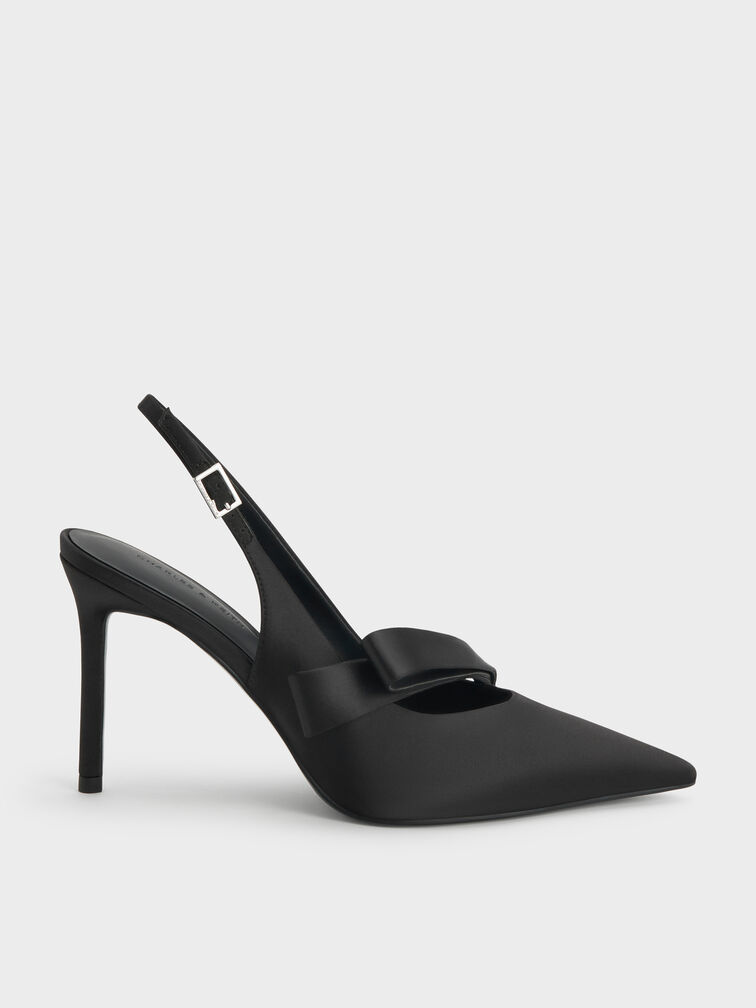 Satin Pleated-Strap Slingback Pumps, Black Textured, hi-res