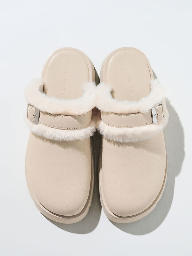 Hannah Textured Fur-Trim Buckled Mules, Beige, hi-res