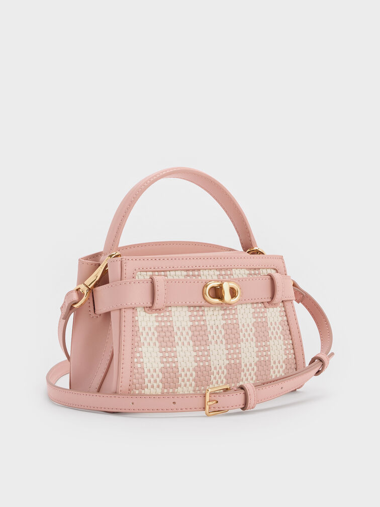 Aubrielle Checkered BeltedTop Handle Bag, Light Pink, hi-res
