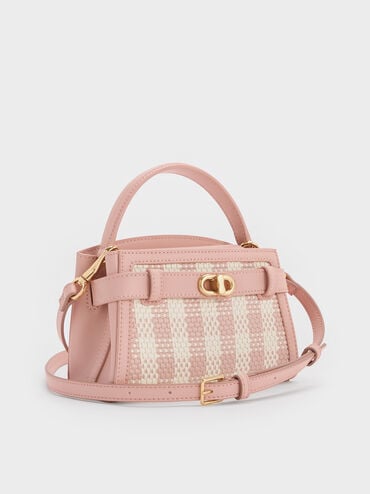 Aubrielle Checkered BeltedTop Handle Bag, Light Pink, hi-res