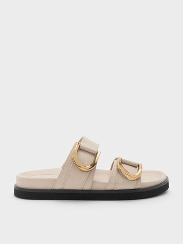Gabine Gold-Buckle Leather Slides, Oat, hi-res