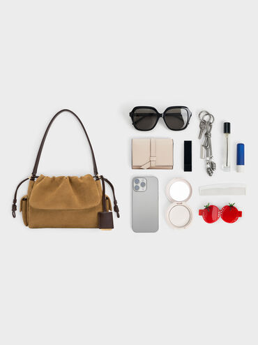 Khai Recycled Suede Ruched-Flap Side-Pocket Top Handle Bag, Sahara Sand, hi-res