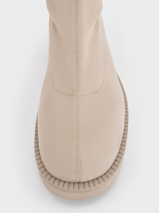 Faux Suede Chunky-Sole Knee-High Boots, Beige, hi-res