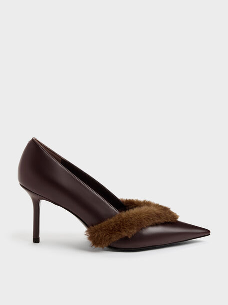 Emila Fur-Trim Pointed Pumps, Dark Brown, hi-res
