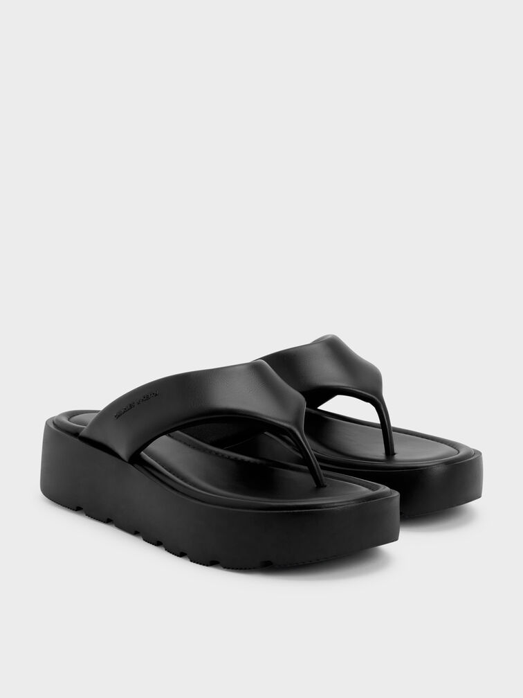 V-Strap Flatform Thong Sandals, Black, hi-res