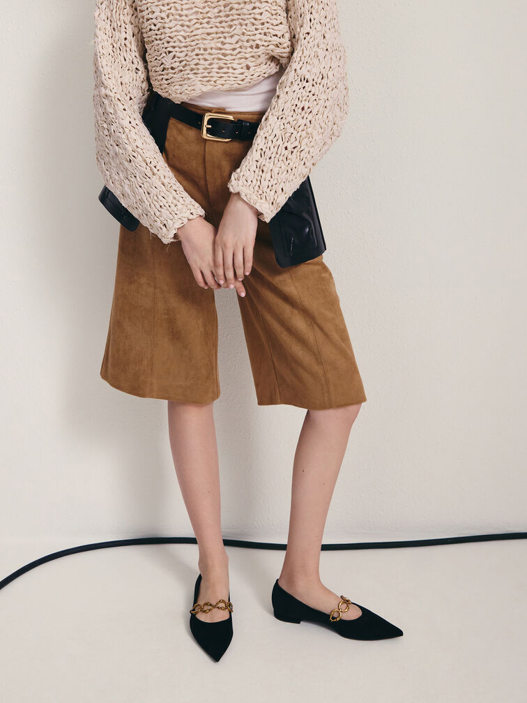 Faux Suede Metallic-Accent Ballet Flats, Black Textured, hi-res
