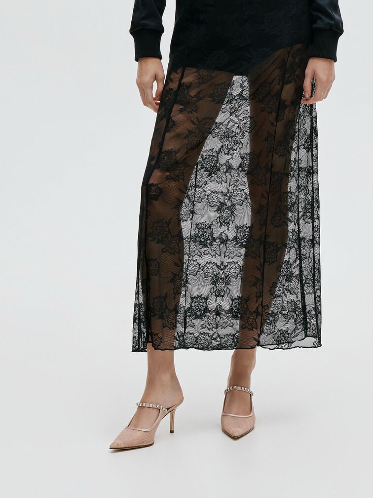 Lace & Satin Crystal Heeled Mules, Nude, hi-res