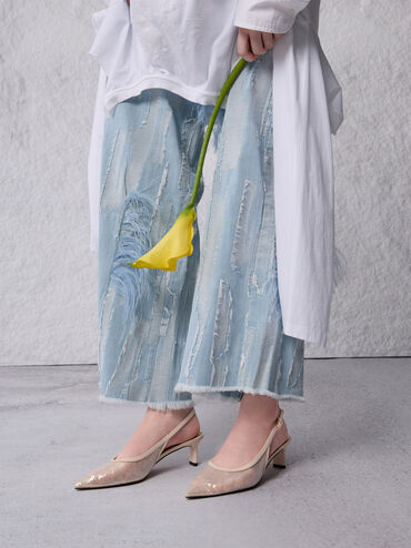 Sequin Mesh & Leather Slingback Kitten Heels, Nude, hi-res