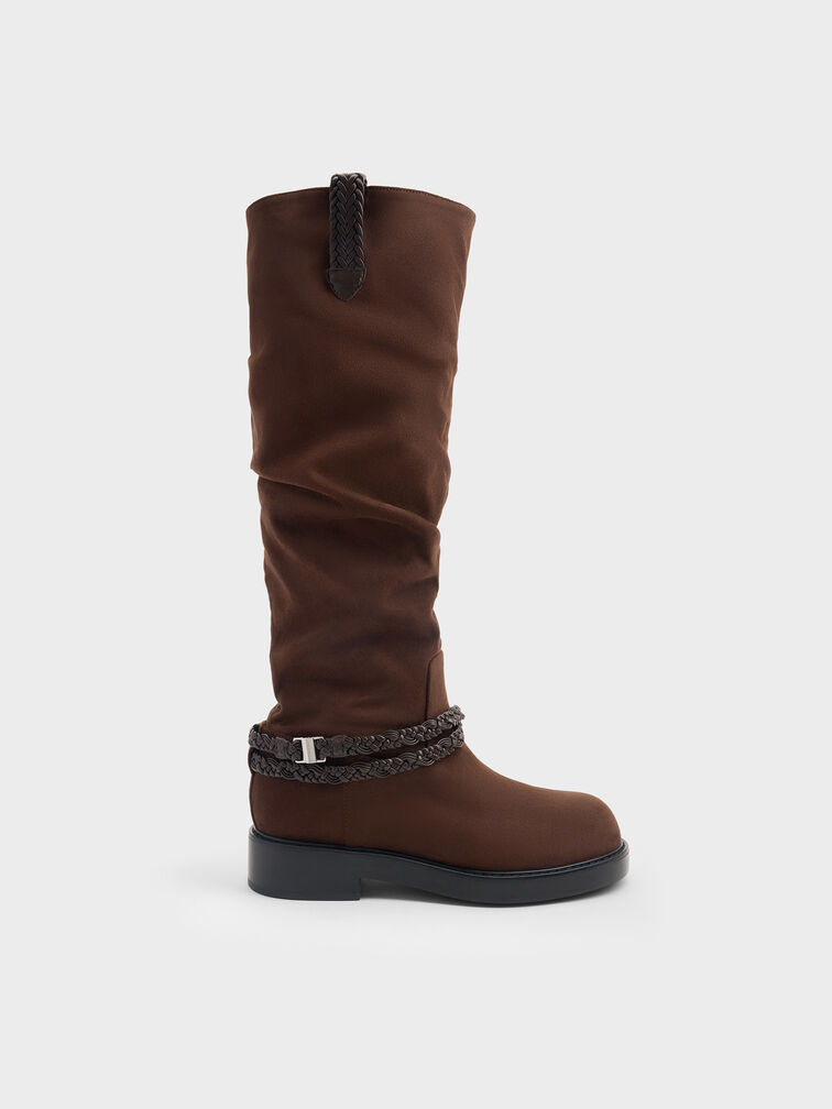 Franca Faux Suede Braided-Strap Knee-High Boots, Dark Brown Textured, hi-res