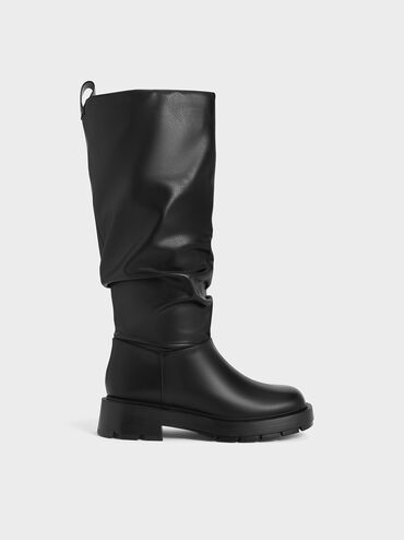 Ruched Knee-High Boots, Black, hi-res