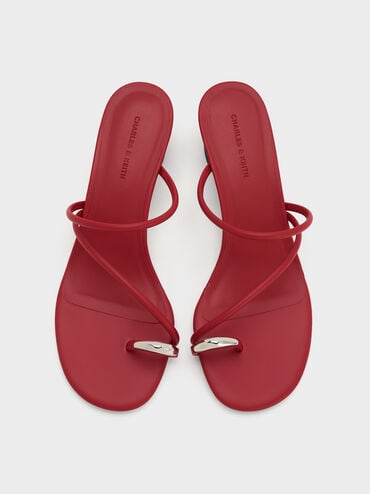 Metallic-Accent Strappy Toe-Ring Heeled Sandals, Red, hi-res
