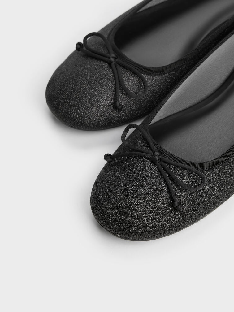 Glittered Mesh Bow Ballet Flats, Black Textured, hi-res