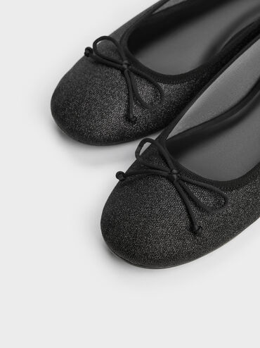 Glittered Mesh Bow Ballet Flats, Black Textured, hi-res