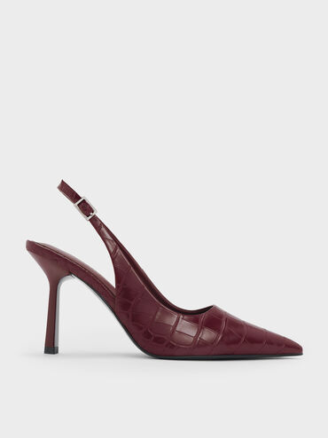 Croc-Effect Pointed-Toe Slingback Pumps, Animal Print Burgundy, hi-res
