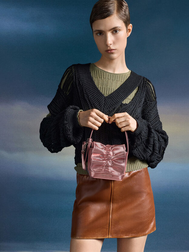 Kadee Metallic Bow-Charm Ruched Mini Bag, Aura Pink, hi-res