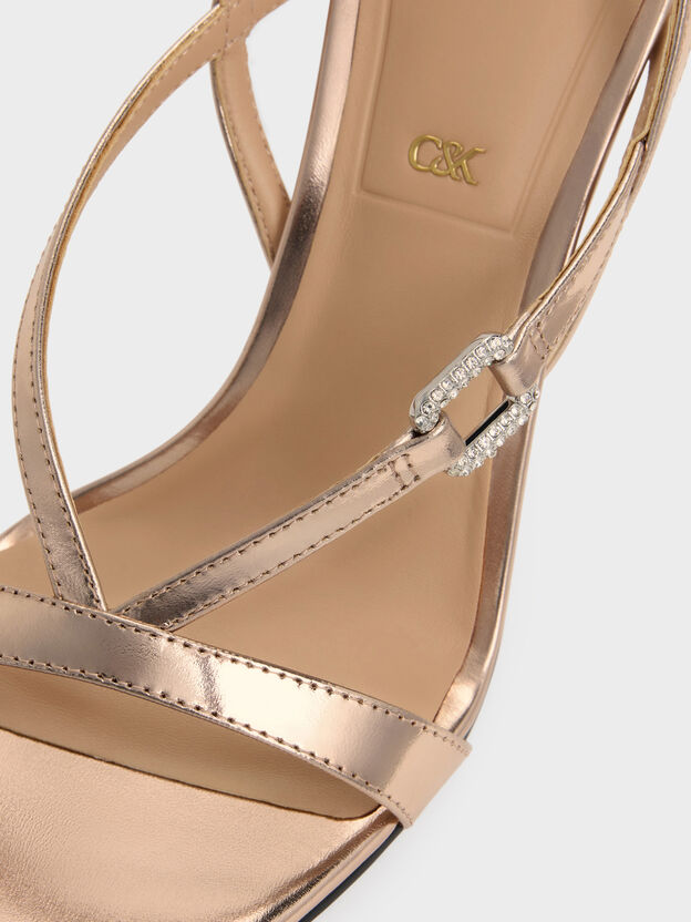 Metallic Leather Crystal-Buckle Ankle-Strap Heels, Bronze, hi-res