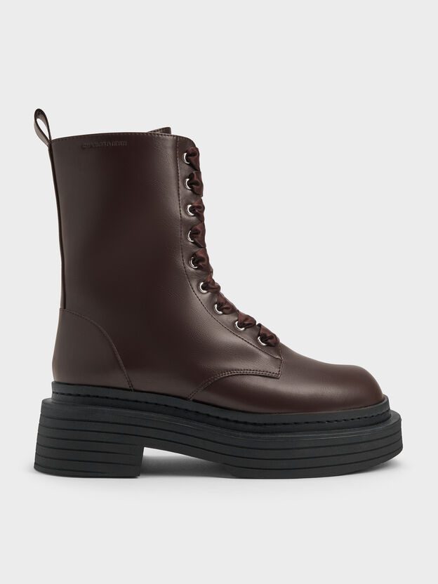 Satin-Lace Platform Combat Boots, Dark Brown, hi-res