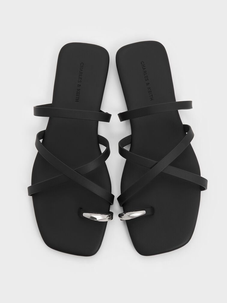Metallic-Accent Strappy Toe-Ring Sandals, Black, hi-res